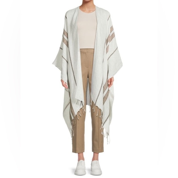 Brunello Cucinelli Linen Blend Ruana Stripe Fringe Ruana